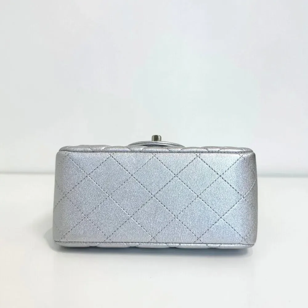 CHANEL Metallic Silver CC Logo Lambskin Quilted Mini Classic Flap Shoulder Bag